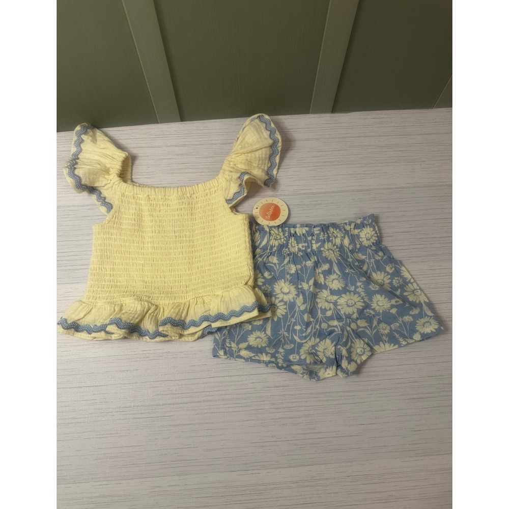 Tullabee Girls 2PC Set Yellow Smocked Top Blue Floral Shorts 4T S2-13757-SS NEW